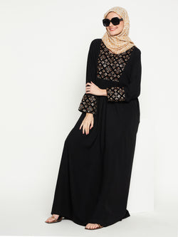 Nabia Women Embroidery Beige Solid Abaya Burqa With Black Georgette Scarf