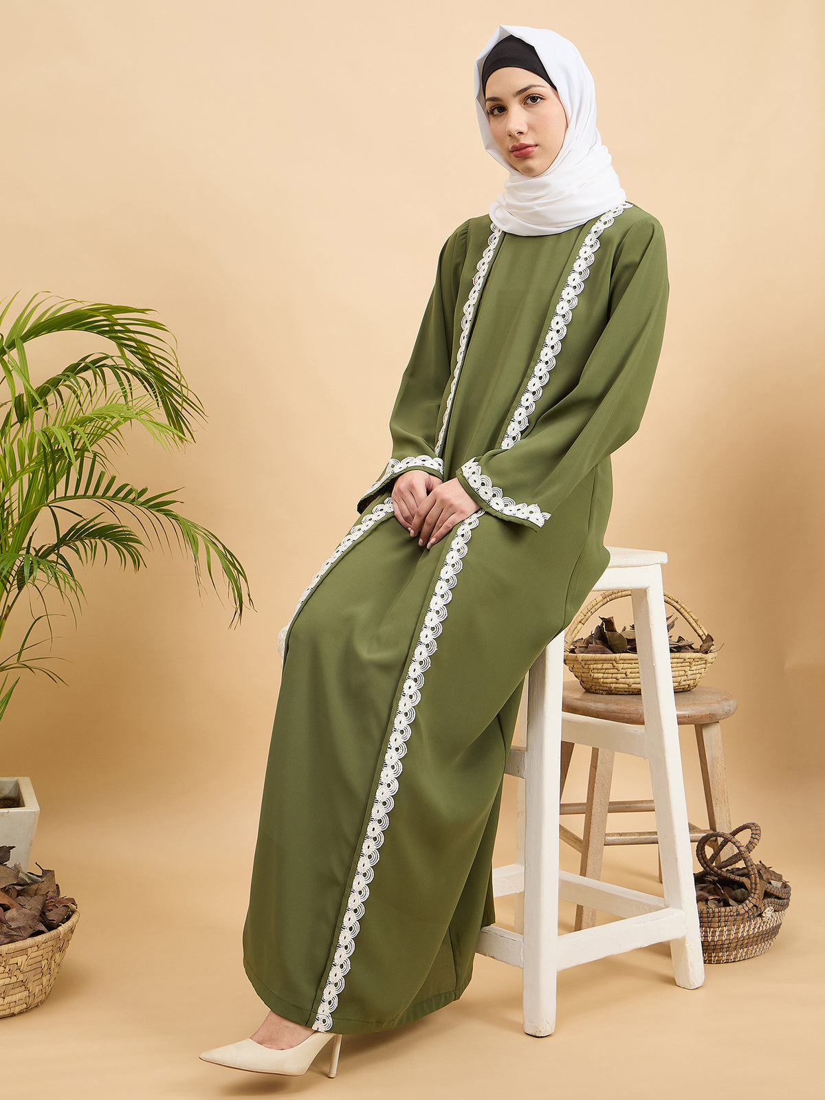 Modest Lace Abaya Burqa with White Georgette Hijab for Women