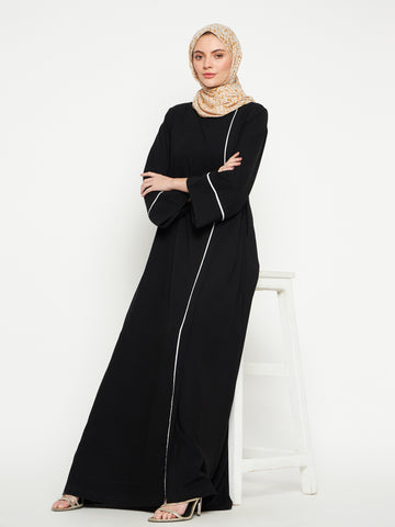 Nabia Women Black Solid Side Open Aline Abaya Burqa For Women Georgette Scarf