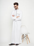Nabia White Solid Mens Thobe/Jubba with Blue Piping Design