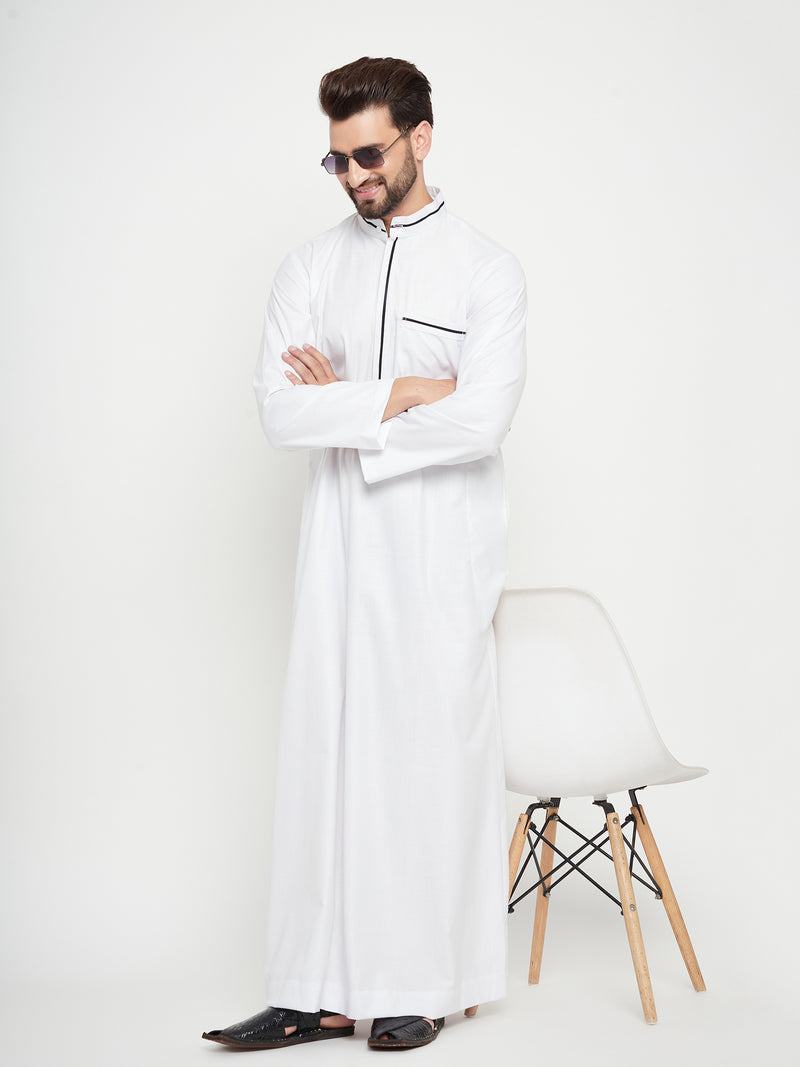 Nabia White Solid Mens Band Collar Thobe / Jubba with Blue Piping Design