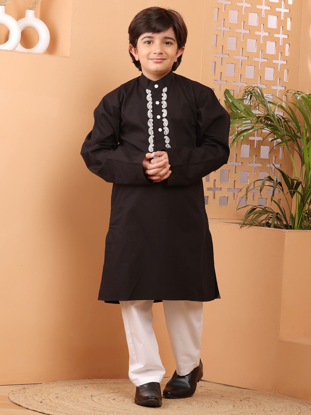 Nabia Black Solid Embroidered Kurta Pajama Set for Kids Boys