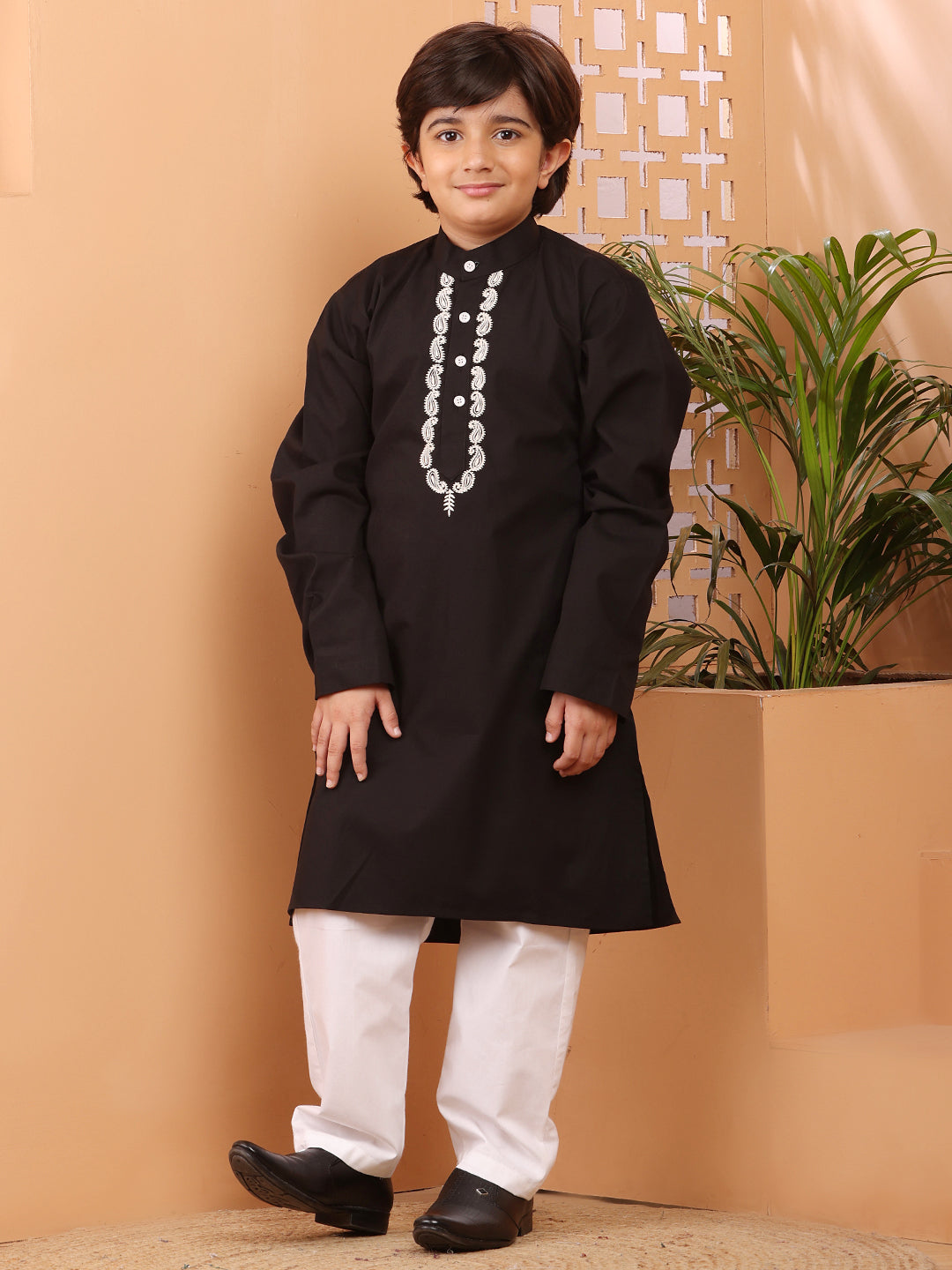 Nabia Black Solid Embroidered Kurta Pajama Set for Kids Boys