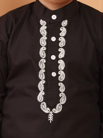 Nabia Black Solid Embroidered Kurta Pajama Set for Kids Boys