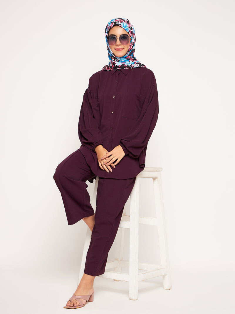 Nabia Purple Solid Puffed Sleeves Co-ord Set for Women