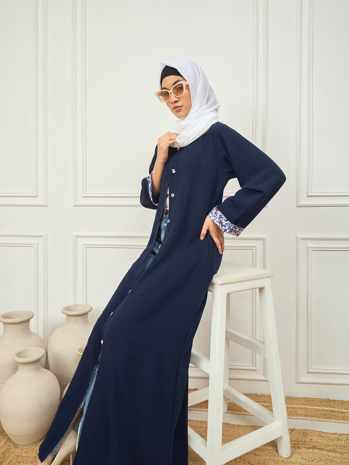 Nabia's Front Open Blue Solid abaya burqa with White Georgette Hijab