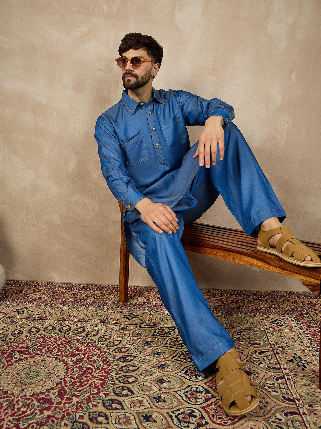 Nabia Blue Denim Pathani Kurta Pajama Set For Men