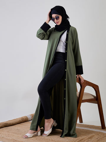 Nabia Women Jade Green Solid Front Open Abaya Burqa With Black Georgette Hijab