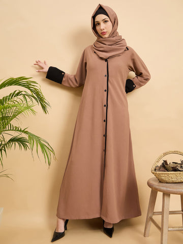 Modest Beige Front Open Coat Abaya with Matching Hijab