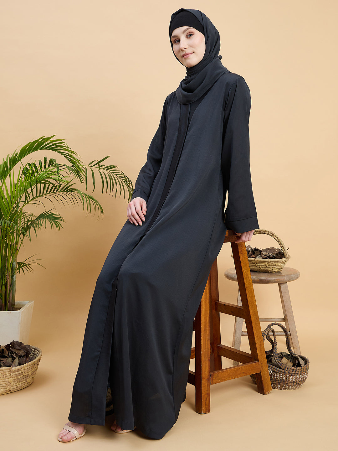Olive Black Front Open Dubai Abaya Burqa with Matching Hijab