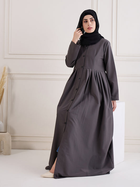 Nabia Grey Front Open Abaya with Black Georgette Hijab