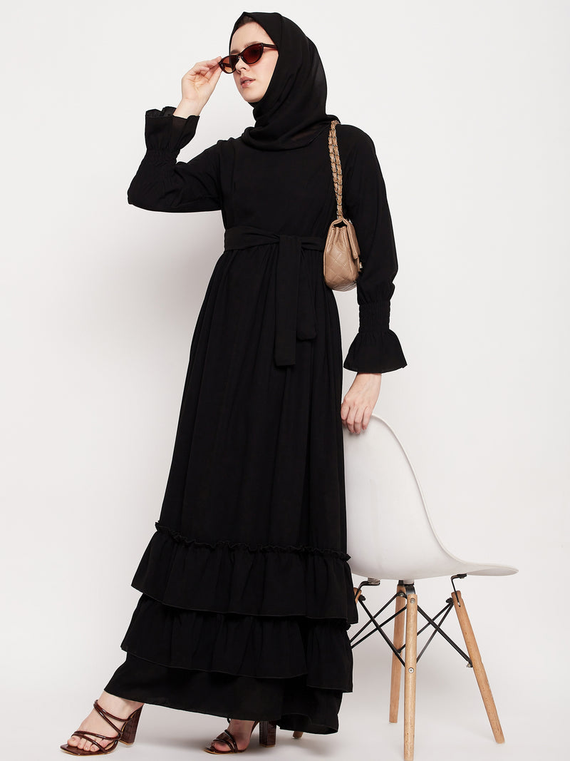 Nabia Women Black Frill Nida Matte Fabric Abaya Burqa With Black Georgette Scarf