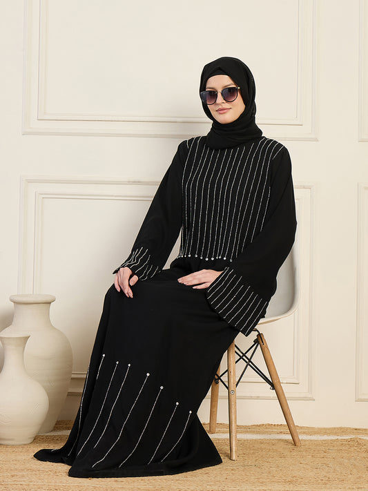 Nabia Black Solid Handwork Luxury Abaya with Black Hijab