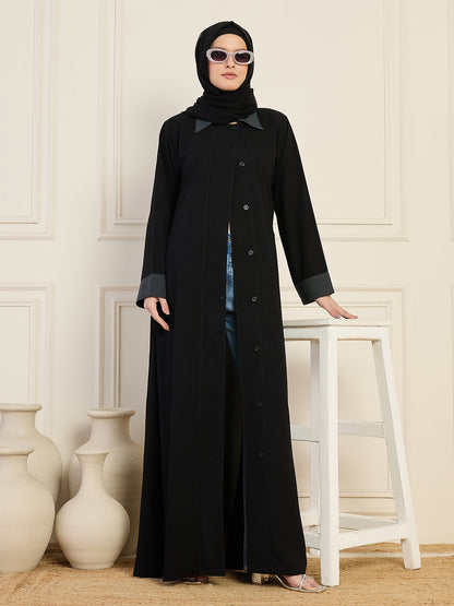 Nabia Black Front-Open Abaya with Black Georgette Hijab