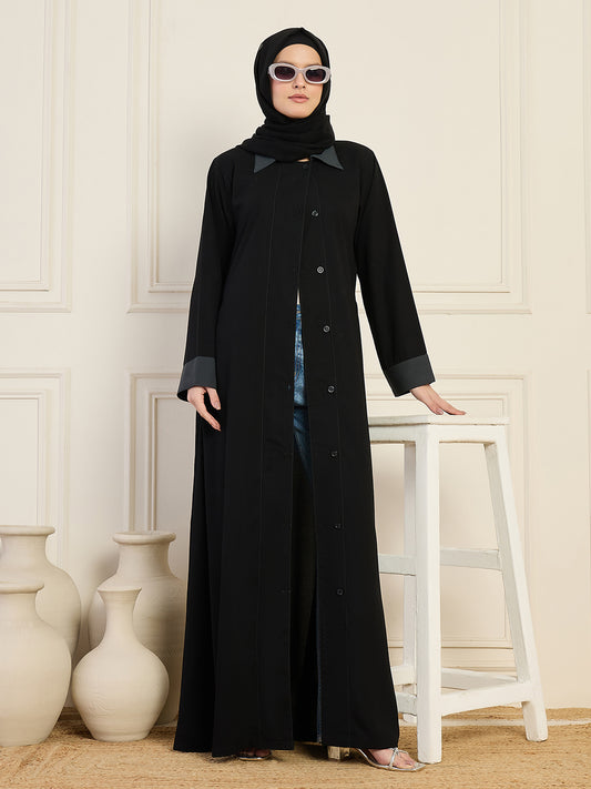 Nabia Black Front-Open Abaya with Black Georgette Hijab