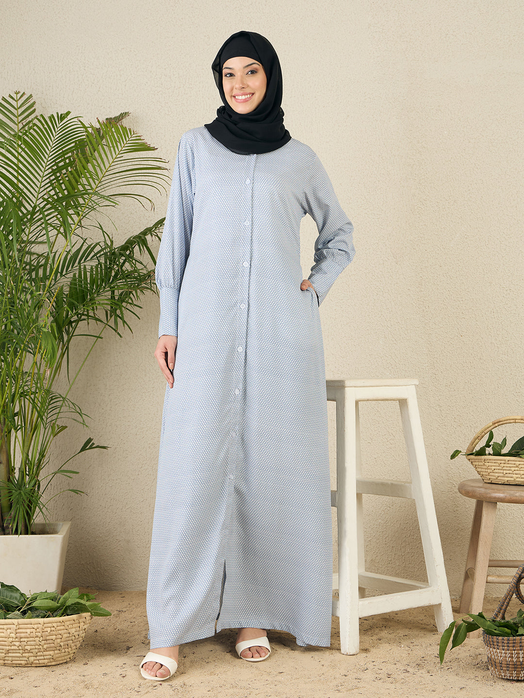 Front Open Blue Printed Abaya with Black Georgette Scarf