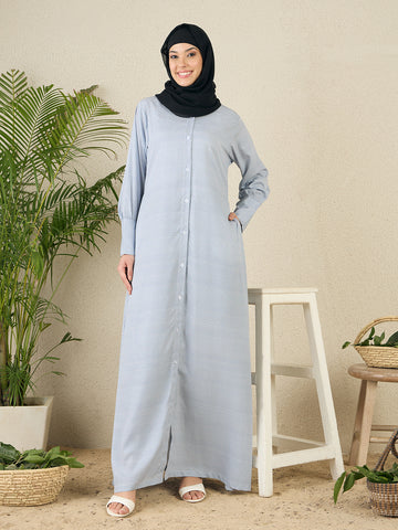 Front Open Blue Printed Abaya with Black Georgette Scarf