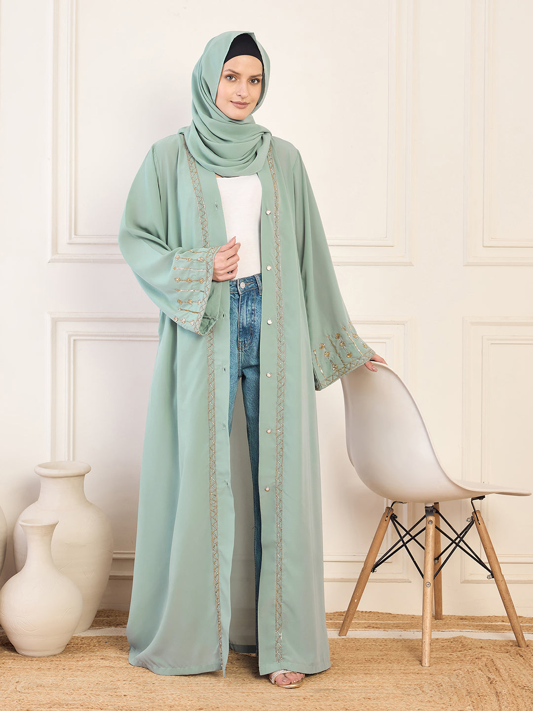 Nabia Handwork Luxury Front Open Abaya with Matching Hijab