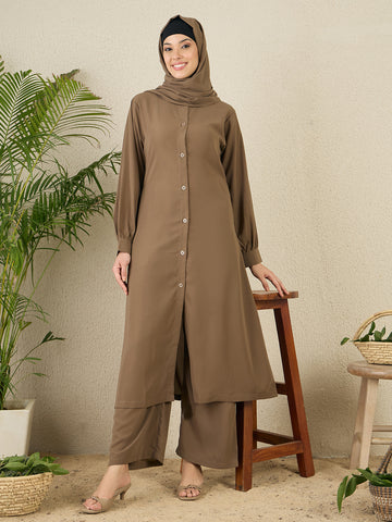 Nabia Oat (Khaki) Solid Co-ord Set for Women