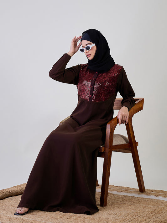 Nabia Embroidered Brown Abaya with Black Georgette Hijab