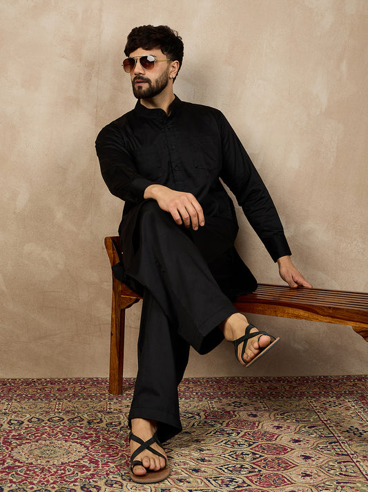 Nabia Black Cotton Pathani Kurta Pajama Set For Men