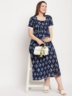 Nabia Women Blue Printed Pre and Post Pregnancy / Maternity Dress