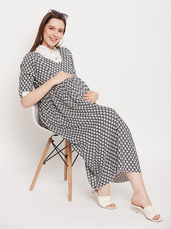 Nabia Women Grey & White Printed Pre and Post Pregnancy / Maternity Dress
