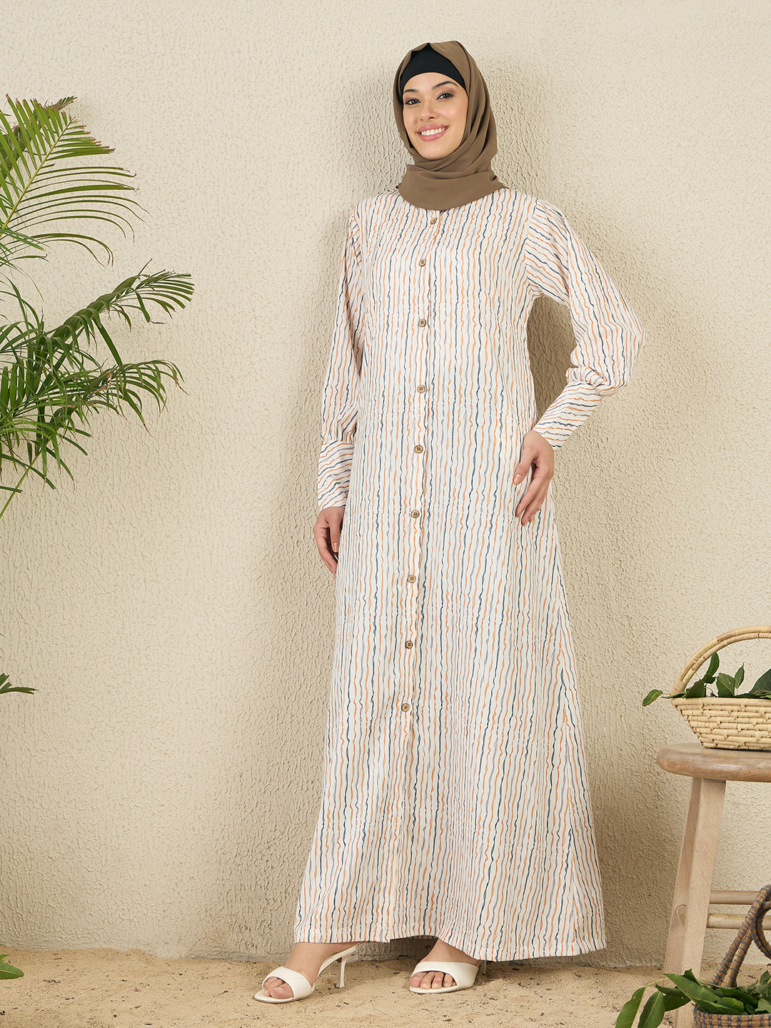 Striped Printed Front Open Abaya with Black Georgette Scarf