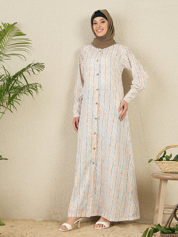 Striped Printed Front Open Abaya with Black Georgette Scarf