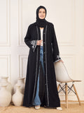 Nabia Black Handwork  Front Open Abaya for Women with Black Hijab