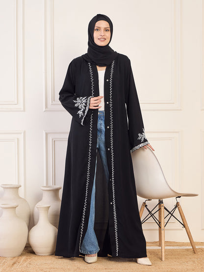 Nabia Black Handwork  Front Open Abaya for Women with Black Hijab