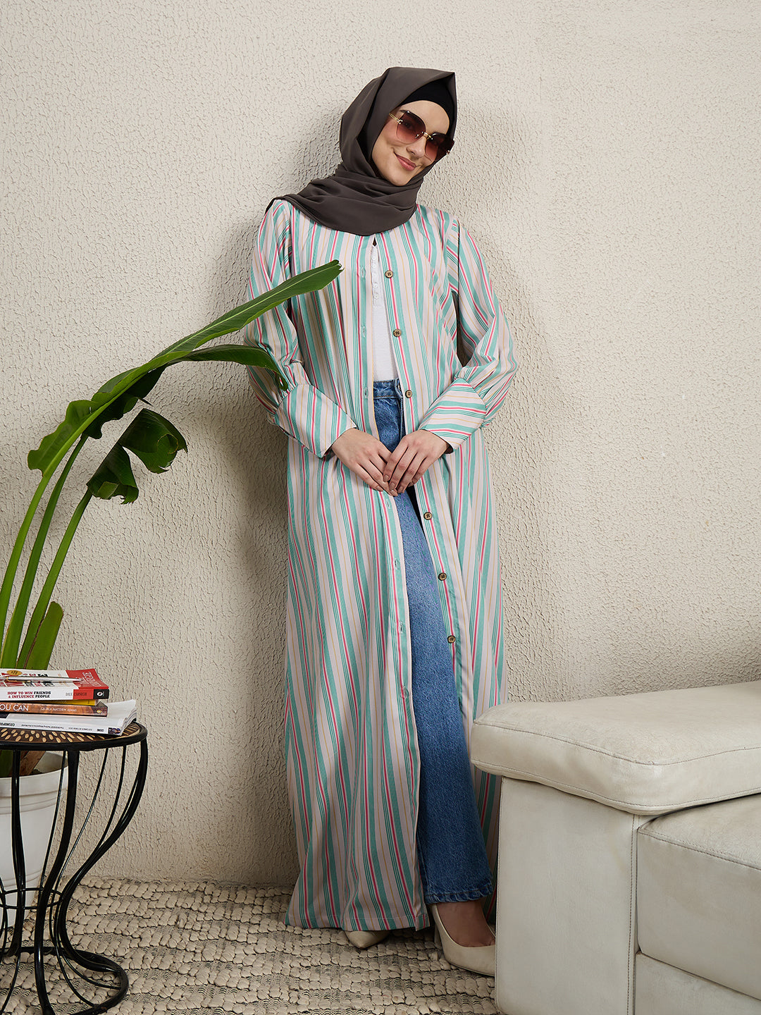 Front Open Printed Abaya Burqa with Black Georgette Scarf