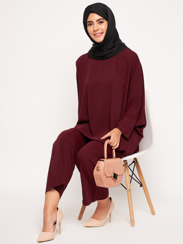 Nabia Maroon Solid Round Neck Co-ord Set for Women
