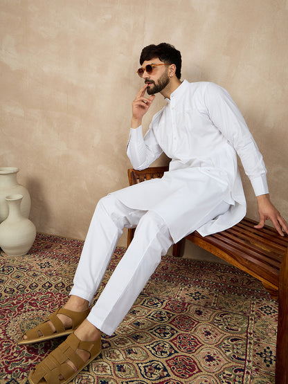 Nabia White Cotton Kurta and Pajama Set for Men