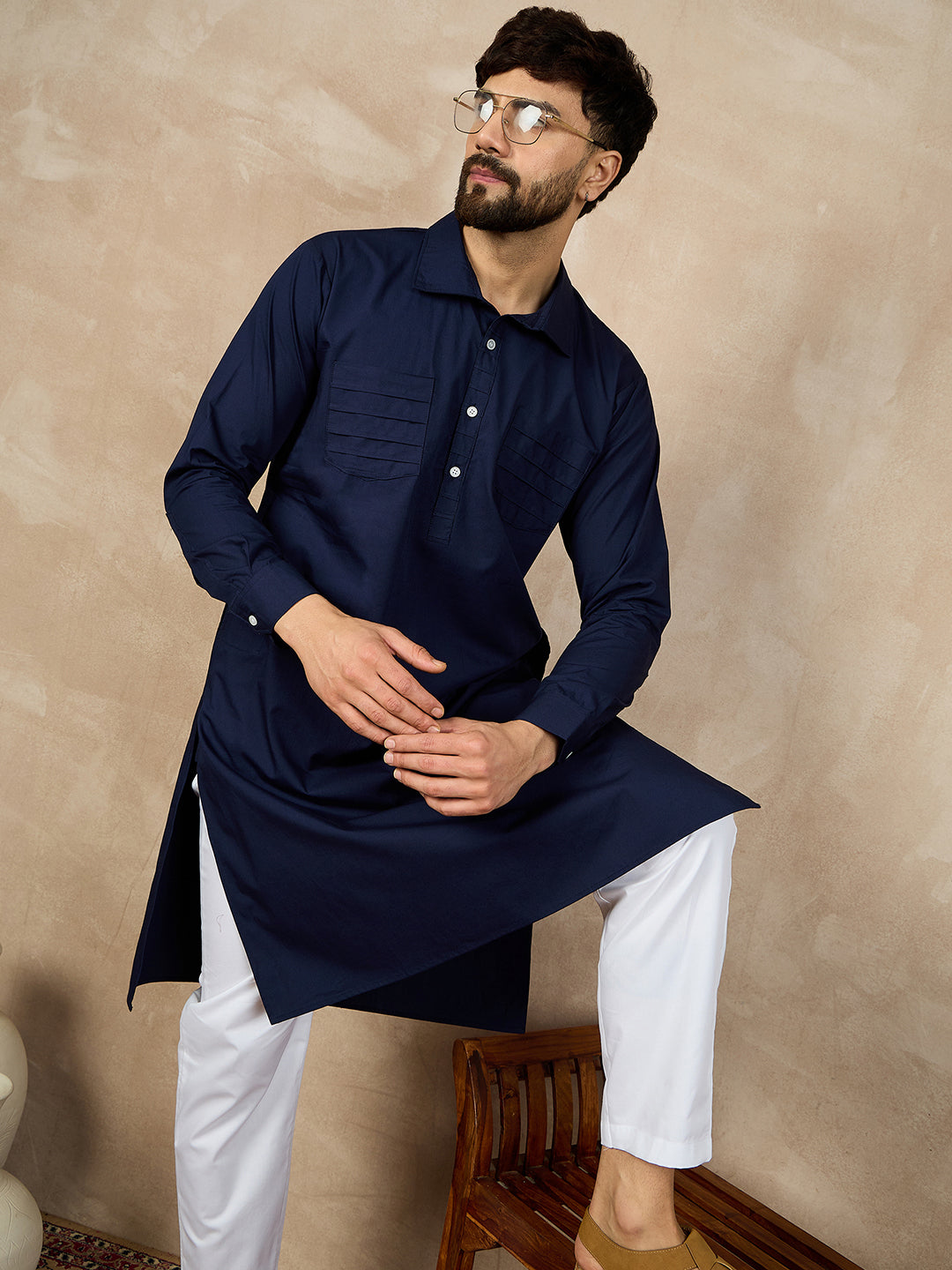 Nabia Blue Cotton Kurta and White Pajama Set for Men
