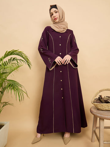 Modest Luxury Front Open Purple Abaya with Beige Hijab for Women
