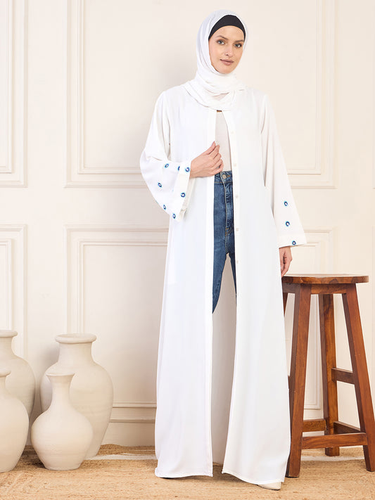 Nabia White Handwork Front Open Abaya with Matching Hijab