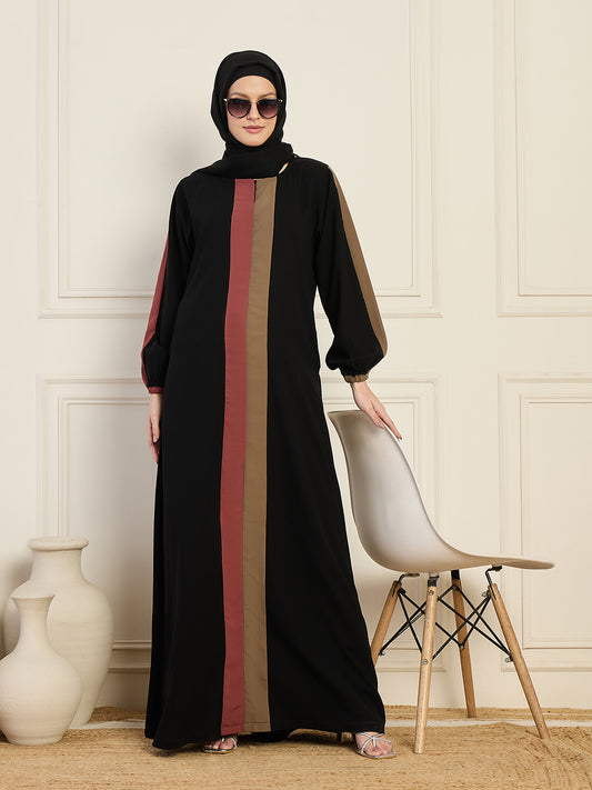 Nabia Black Three Color Design Abaya  With Georgette Hijab