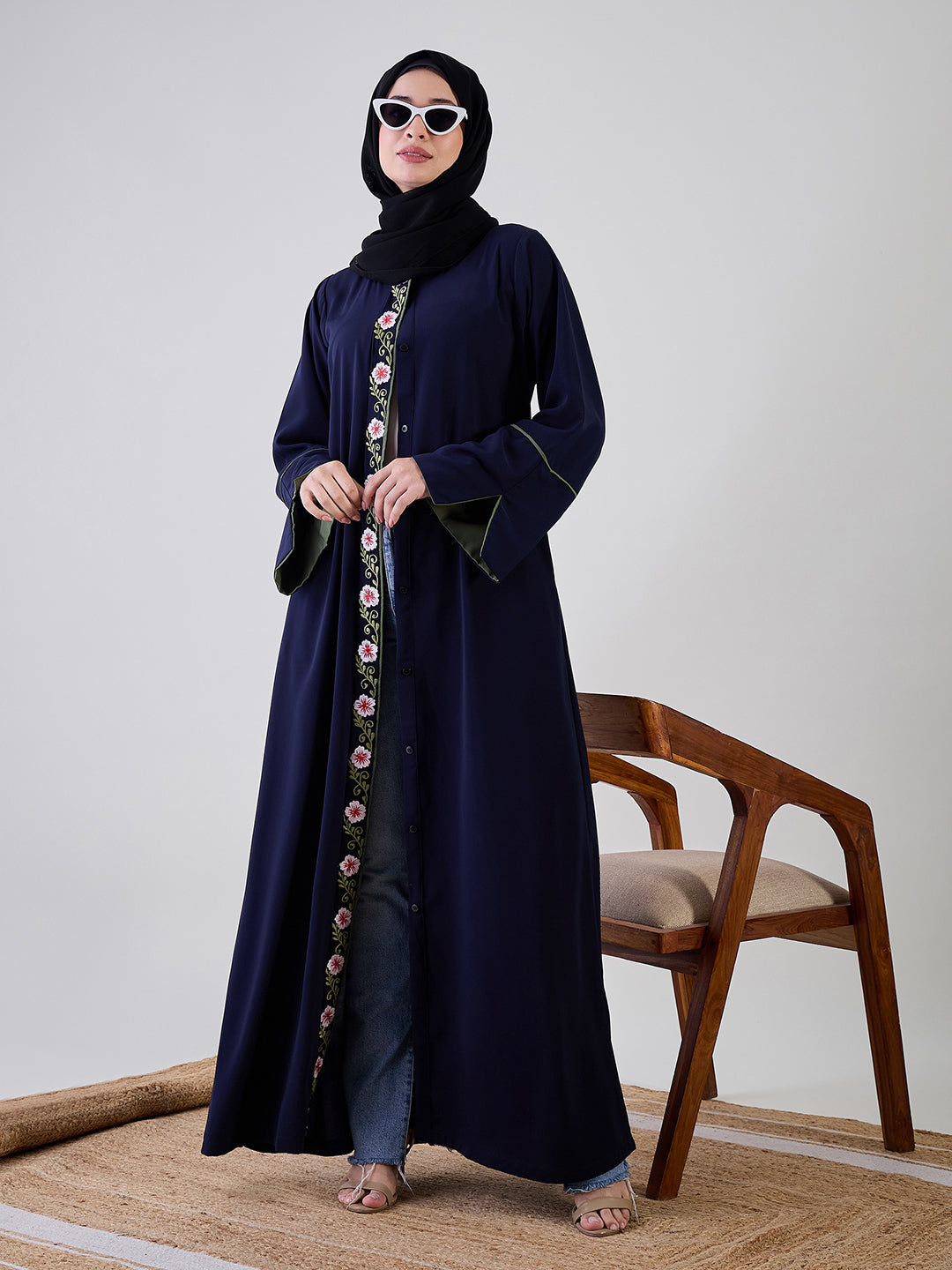 Nabia Front Open Embroidery Blue Abaya with Black Georgette Hijab