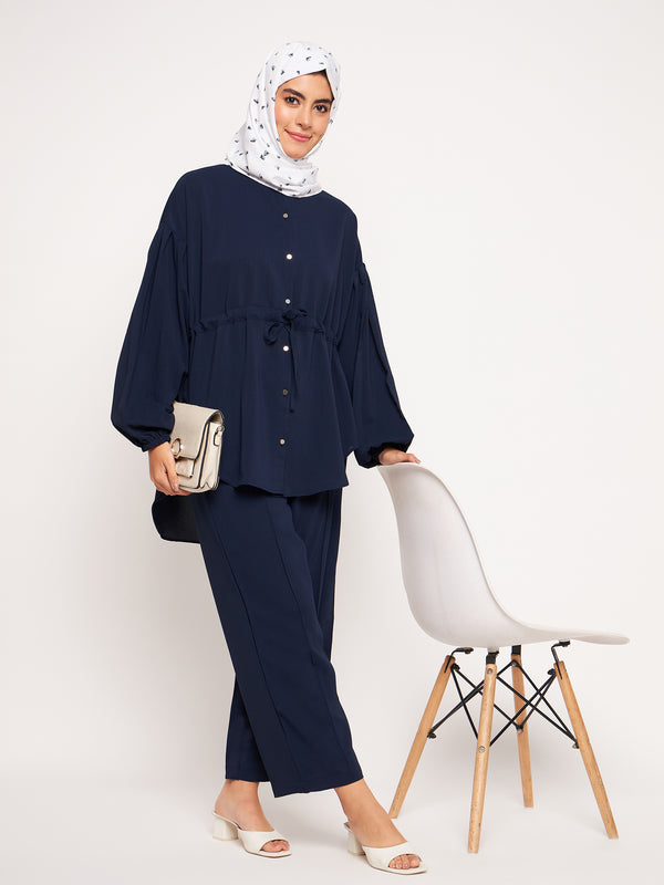 Nabia Blue Solid Elasticated Sleeves Co-ord Set for Women