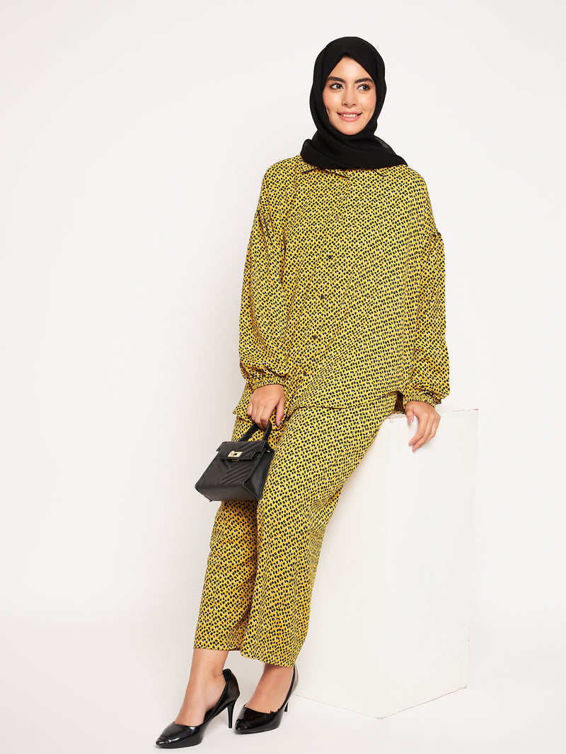 Nabia Yellow Printed Loose Fit co-ord set For Women