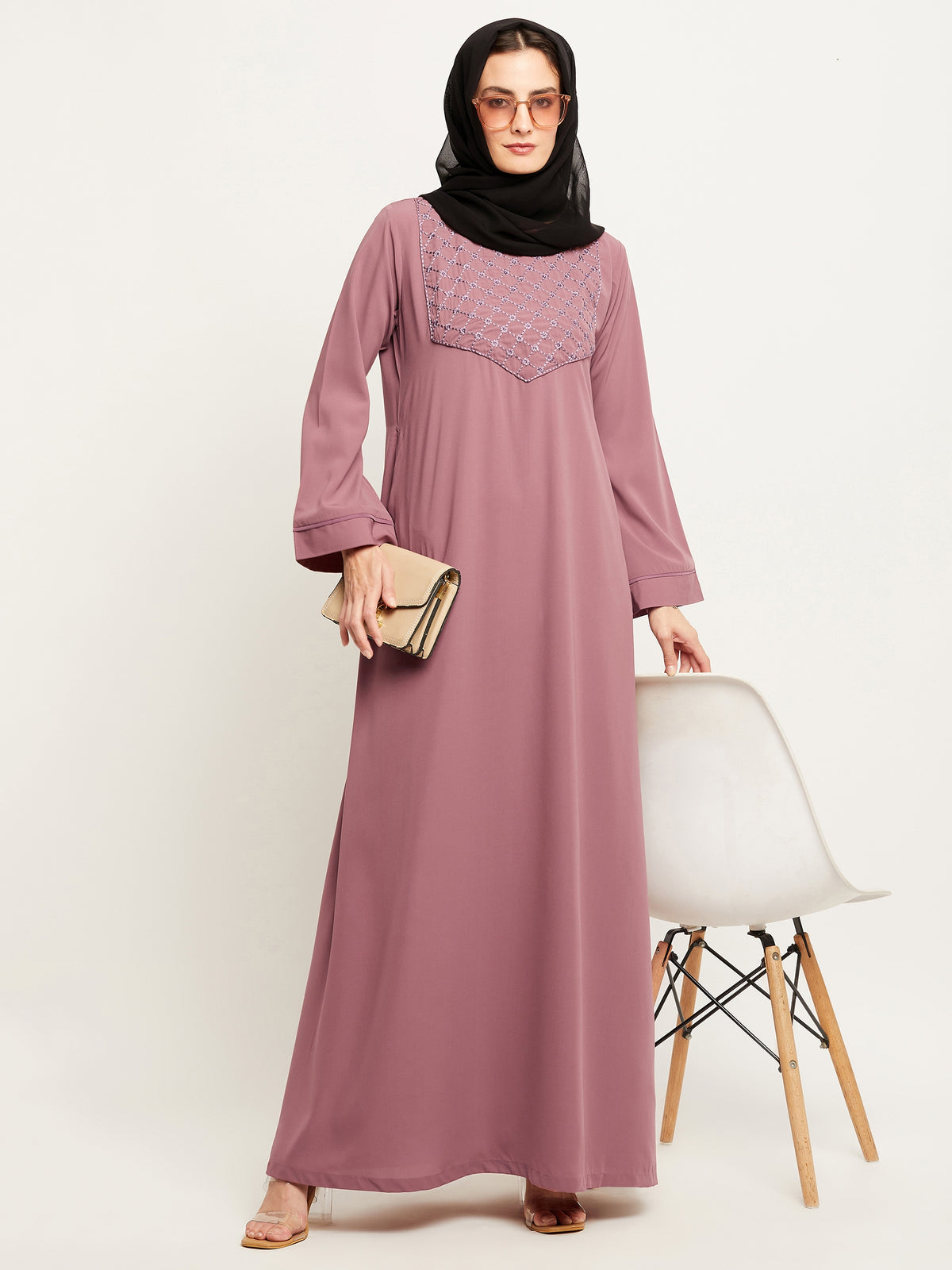 Nabia Women Solid Puse Pink Abaya Burqa With Georgette Scarf