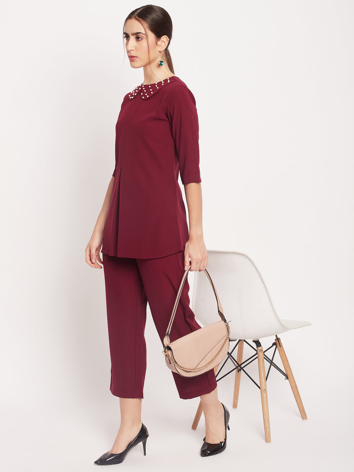 Nabia Women Maroon Solid Co-Ord Set