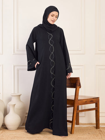 Nabia Black Solid Luxury Abaya Burqa Handwork Detailing & Bell Sleeves for Women with Black Hijab