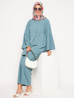 Nabia Sea Green Solid Umbrella Sleeves Co-ord Set for Women
