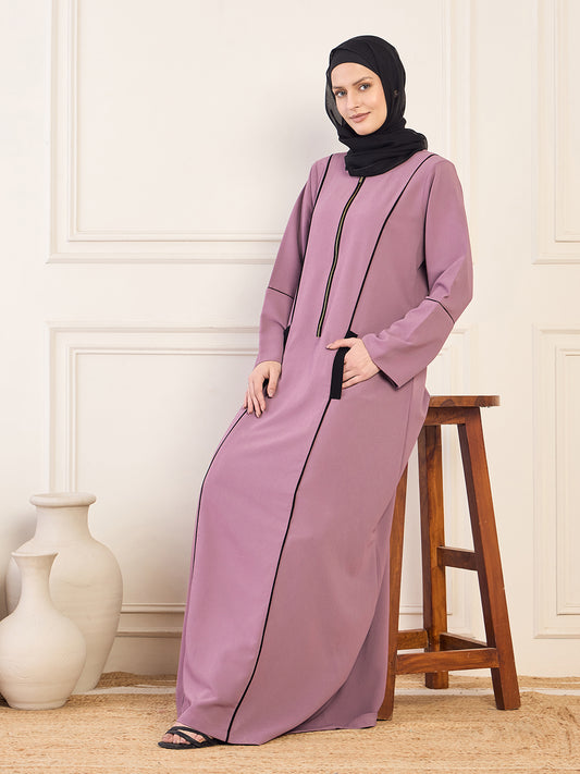 Nabia Zip-Closure Pink Abaya with Black Georgette Hijab