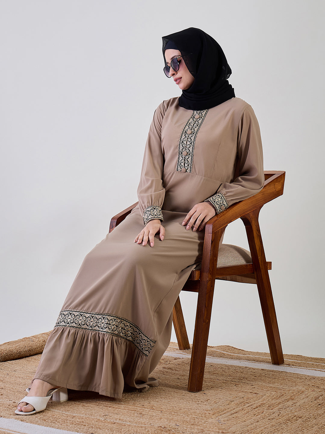 Nabia Embroidery Beige Abaya with Black Georgette Hijab