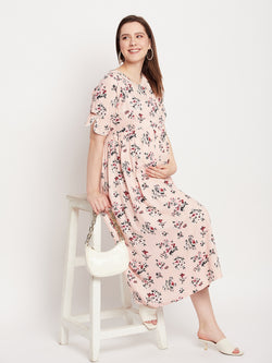 Nabia Women Pink Floral Printed Pre and Post Pregnancy / Maternity Dress
