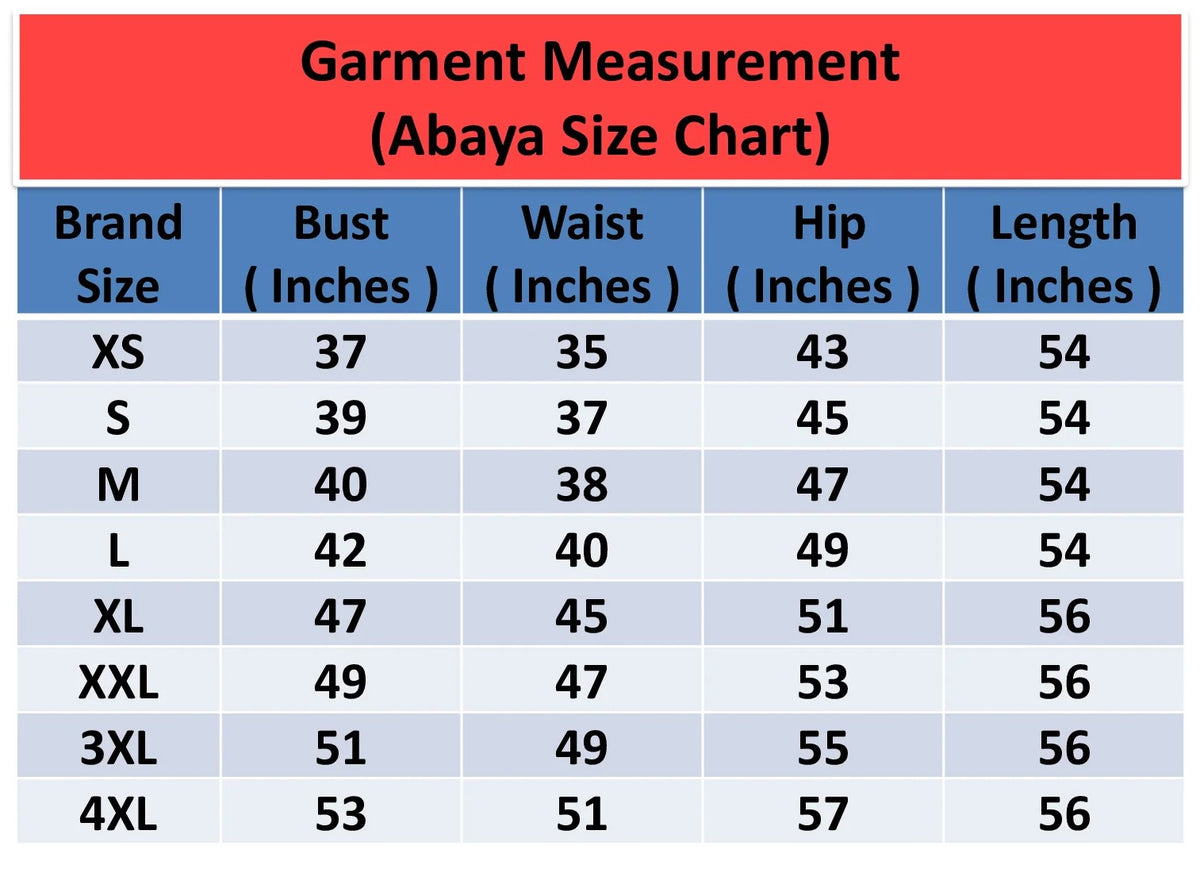 Product size chart