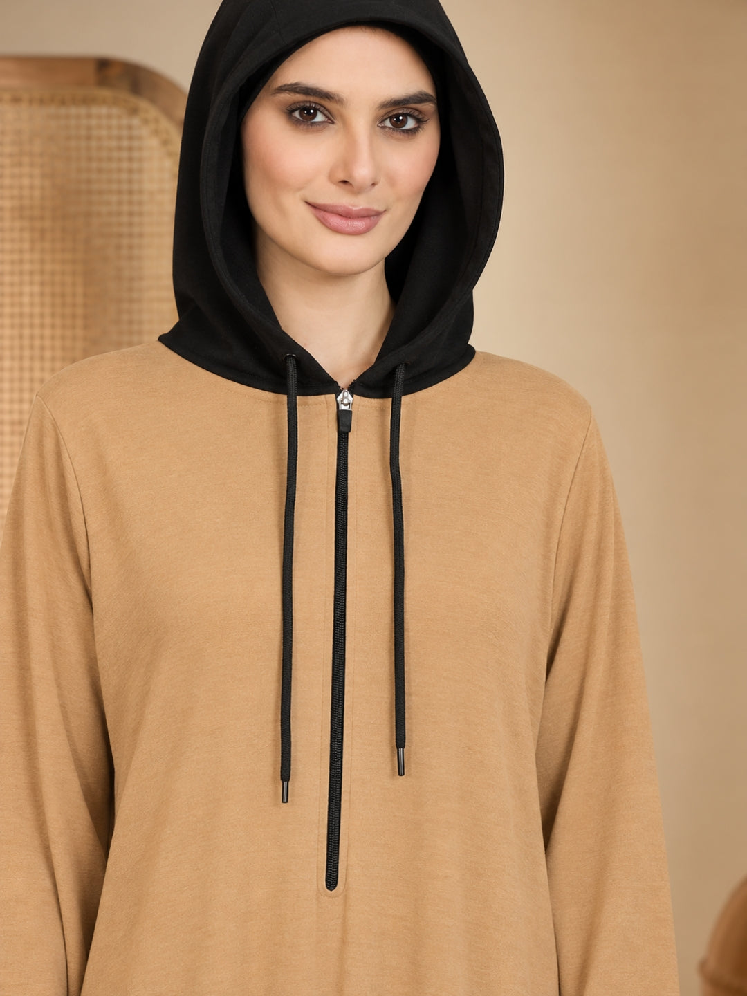 Modest Women’s Beige Jersey Abaya with Attached Hood